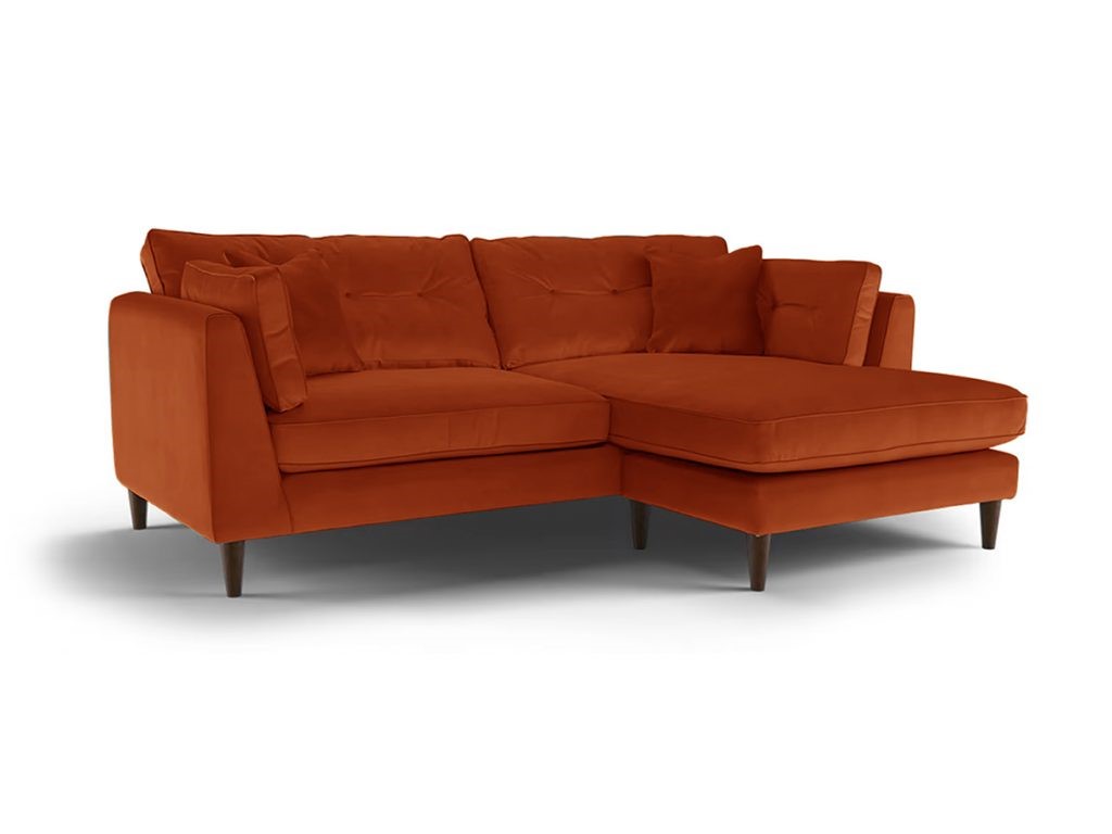 Cricket 4 Seater Chaise Sofa Burnt Orange Velvet Right